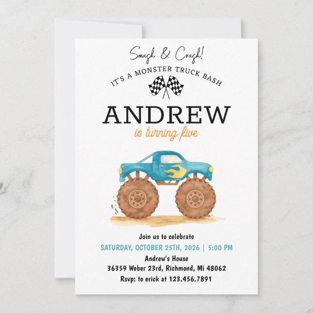 Invitation Enfant personnel Monster Truck Anniversaire (Devant)