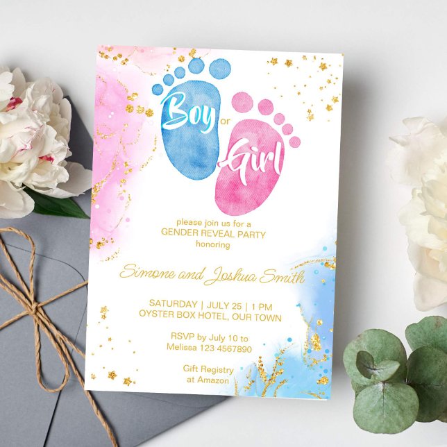 Invitation Enfant pieds garçon ou fille rose bleu sexe révéle (Pink and blue baby feet gender reveal invitation template boy or girl he or she gold glitter invite)