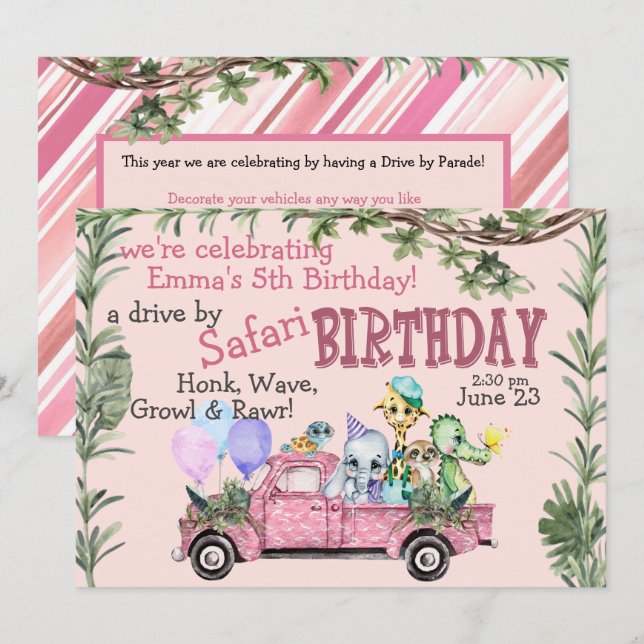 Invitation Enfant Pink Safari heureux Anniversaire Parade Inv (Devant / Derrière)
