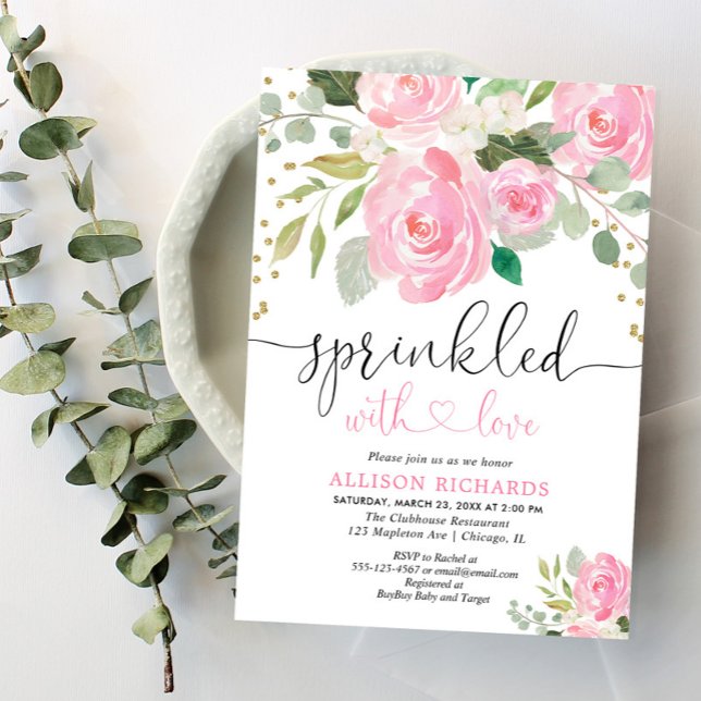 Invitation Enfant rose et or fleurie fille aspersion (Créateur téléchargé)