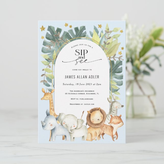 Invitation enfant siroter et voir safari thème baby shower (Debout devant)