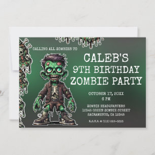 Invitation Enfant Zombie Vert & Fête d'anniversaire Halloween
