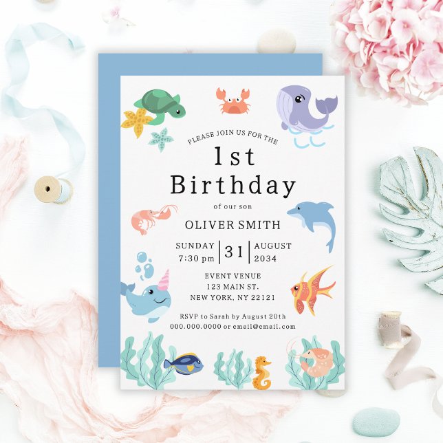 Invitation Enfants 1er anniversaire Fête Animaux de mer (Kids 1st Birthday Party Sea Animals Invitation
)