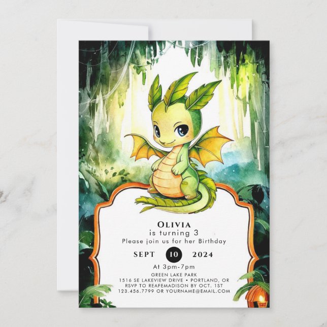 Invitation Enfants Anniversaire Dragon Aquarelle (Devant)