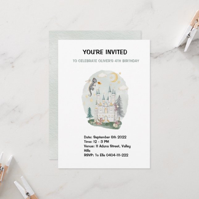 Invitation Enfants aquarelle château Dragon anniversaire (Devant/Arrière en situation)