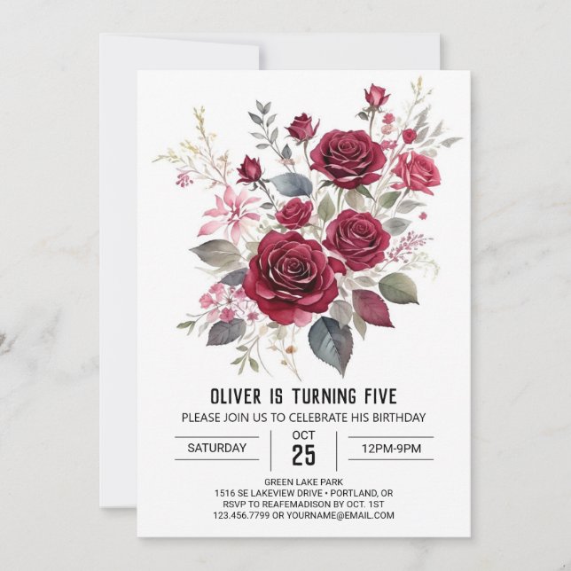 Invitation Enfants botaniques Bourgogne Floral Anniversaire (Devant)