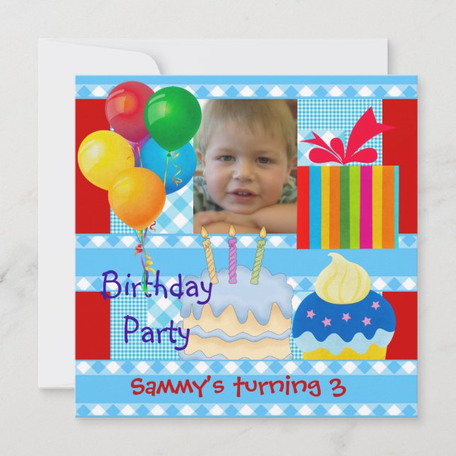 Invitation Enfant's Boy 3e fête d'anniversaire Bleu rouge jau (Devant)