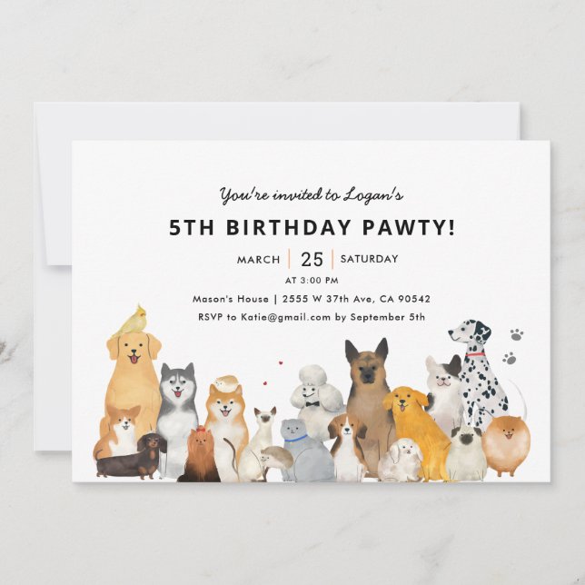 Invitation Enfants Chien Chien Chiot 5th Pawty Anniversaire I (Devant)