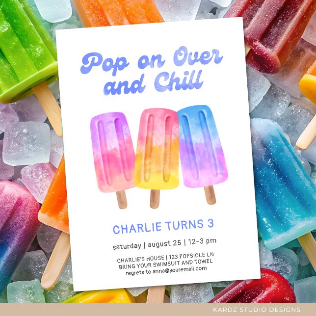 Invitation Enfants Colorful Popsicle Été 3e anniversaire (Invite shown in 5 x 7 inches, choose size, paper and corner style. Buy print or digital invitations)