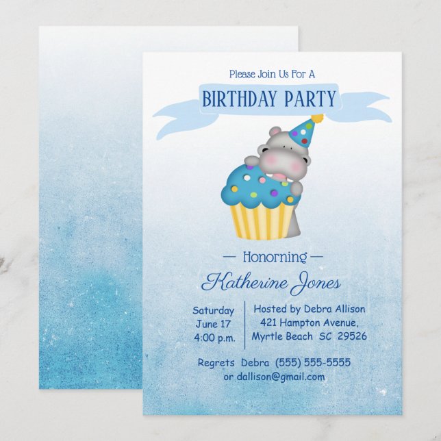 Invitation Enfants Cute Hippo avec un Cupcake bleu anniversai (Devant / Derrière)