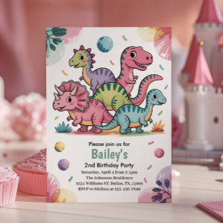 Invitation Enfants Cute Pink Dinosaur 2e fête d'anniversaire