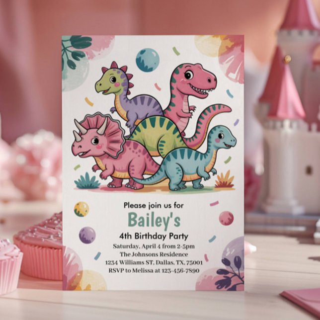 Invitation Enfants Cute Pink Dinosaur 4ème anniversaire fête (Créateur téléchargé)