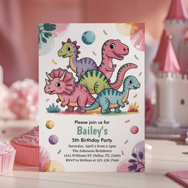 Invitation Enfants Cute Pink Dinosaur 5e fête d'anniversaire (Créateur téléchargé)