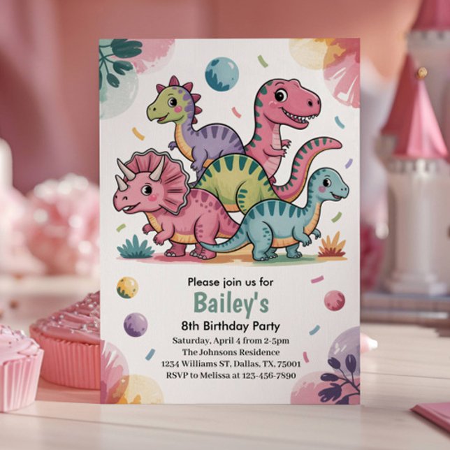 Invitation Enfants Cute Pink Dinosaur 8ème anniversaire fête (Dinosaur Birthday Party Invitation)