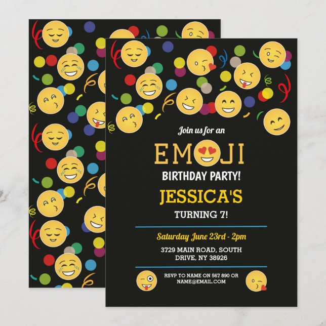 Invitation Enfants d'anniversaire d'amusement d'Emoji (Devant / Derrière)
