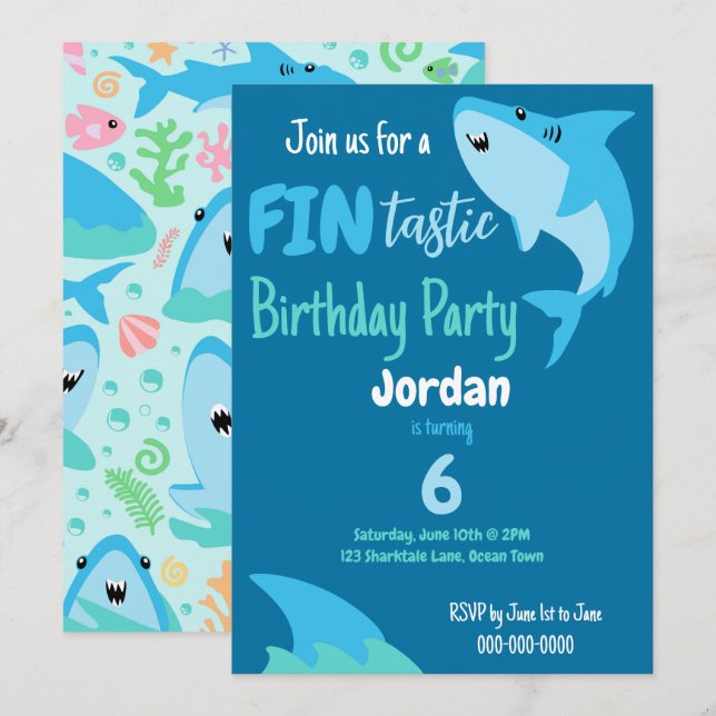 Invitation Enfants D'Anniversaire Du Requin En Mer (Devant / Derrière)