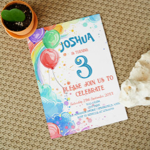 Invitation Enfants dessinant des ballons et Rainbow Birthday 
