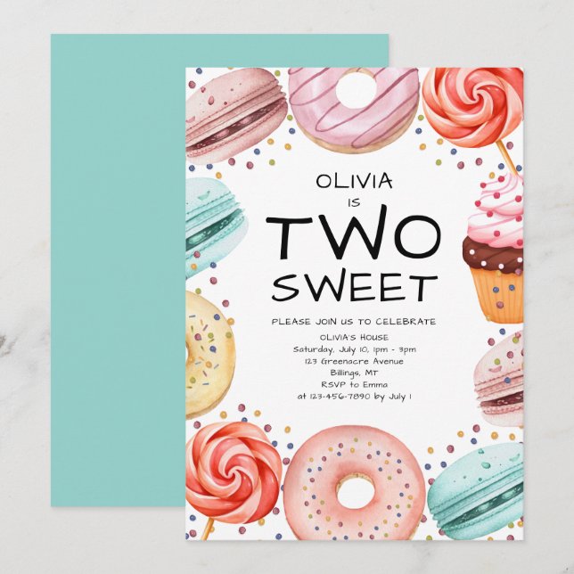 Invitation Enfants deux douces fête du 2e anniversaire (Devant / Derrière)