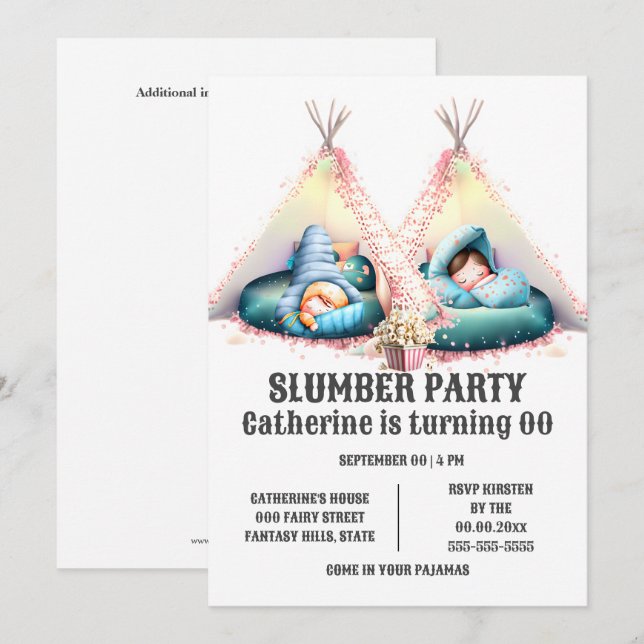 Invitation Enfants dormant teepee glamping sombres (Devant / Derrière)