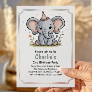 Invitation Enfants Éléphant Vert Mignon Fête d'anniversaire d
