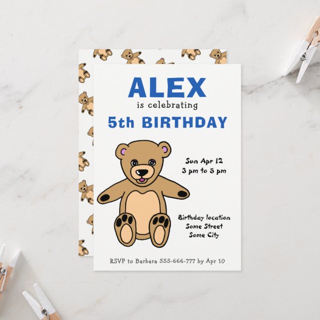 Invitation Enfants en peluche mignonette Anniversaire (Devant/Arrière en situation)