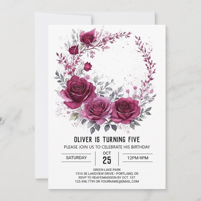 Invitation Enfants enchantés Bourgogne Floral Anniversaire (Devant)
