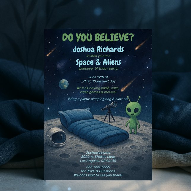 Invitation Enfants Espace Galaxy Aliens Dormir fêté d'anniver (Kids Space Galaxy Aliens Sleepover Birthday Party Invitation)