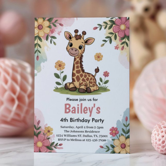 Invitation Enfants Floral Giraffe Jungle 4ème anniversaire (Créateur téléchargé)