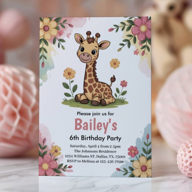 Invitation Enfants Floral Giraffe Jungle 6ème anniversaire (Créateur téléchargé)