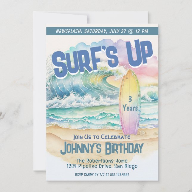 Invitation Enfants Fun Beach Surf de fête Anniversaire Invita (Devant)
