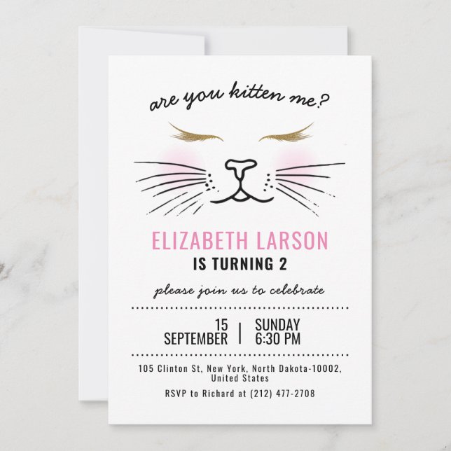 Invitation Enfants Funny Kitty Kitten Visage fête d'anniversa (Devant)