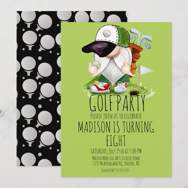 Invitation Enfants Golf Gnome Sports Anniversaire (Devant / Derrière)