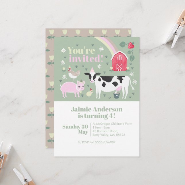 Invitation Enfants Green Fun Farm Animal Vache Anniversaire (Devant/Arrière en situation)