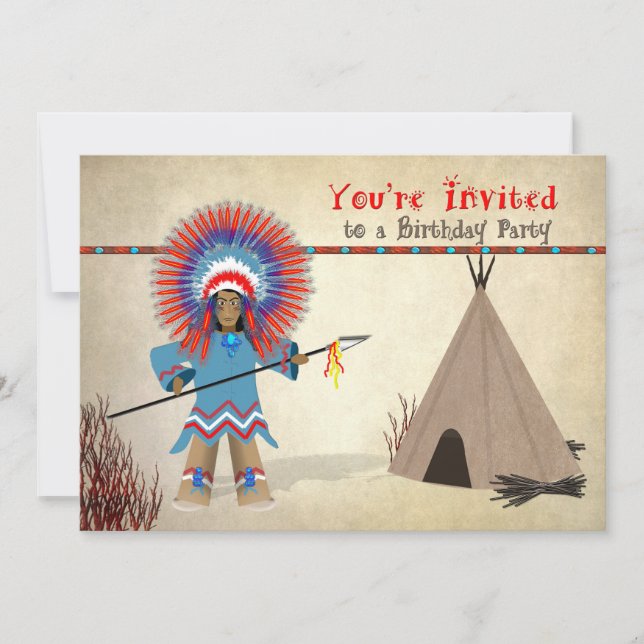 Invitation Enfants Indiens Anniversaire - Indien et Tepee (Devant)