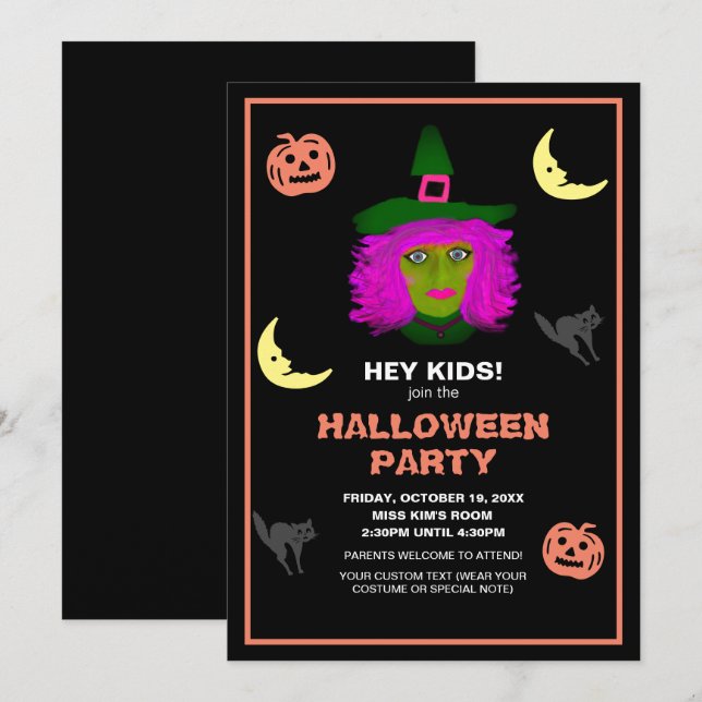 Invitation Enfants Jote Halloween Thème Black Orange Party (Devant / Derrière)