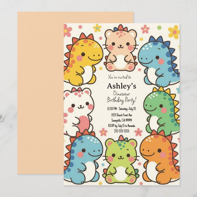 Invitation Enfants Kawaii Dinosaur fête d'anniversaire (Devant / Derrière)