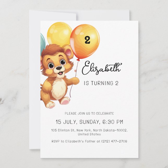 Invitation Enfants Lion Sage Balloon drôle Anniversaire fête (Devant)