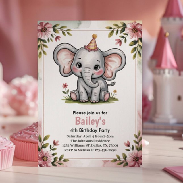 Invitation Enfants mignonne Eléphant rose 4e fête d'anniversa (Créateur téléchargé)
