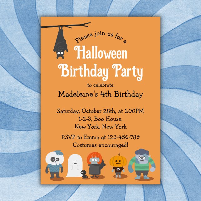 Invitation Enfants mignonne Halloween fête d'anniversaire (Kids Cute Halloween Birthday Party Invitation. Kids birthday party, Halloween Party. Orange.)