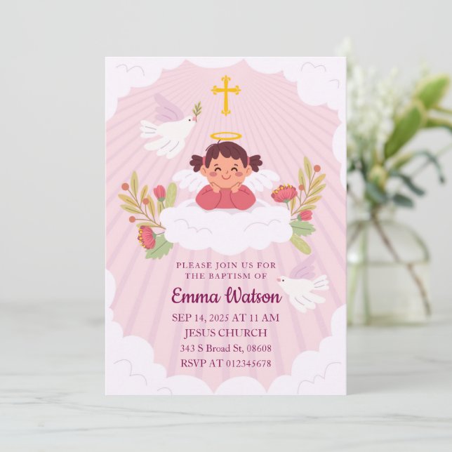 Invitation Enfants mignonne rose bébé fille Baptême Christeni (Debout devant)
