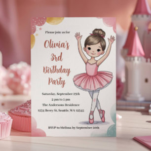 Invitation Enfants Mignons Ballerine Fête d'anniversaire de 3