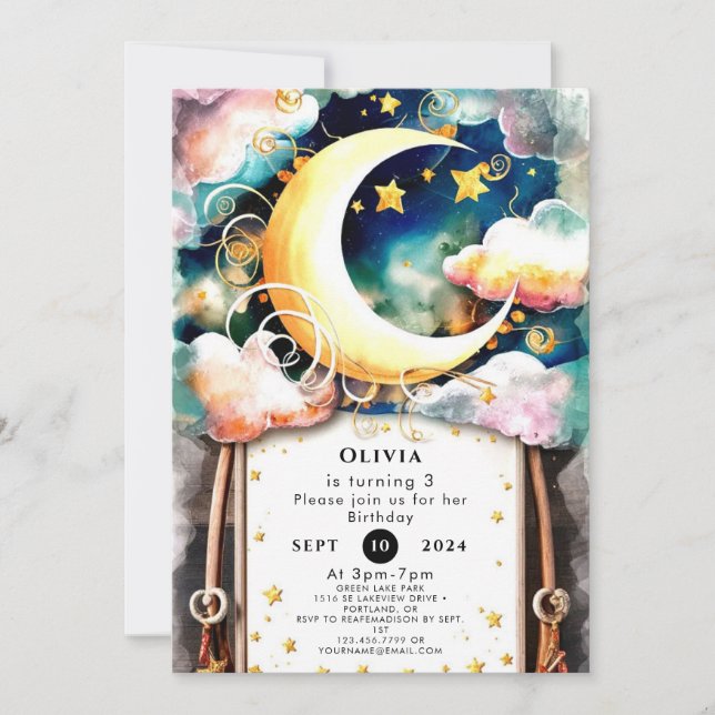 Invitation Enfants mignons Lune Anniversaire (Devant)