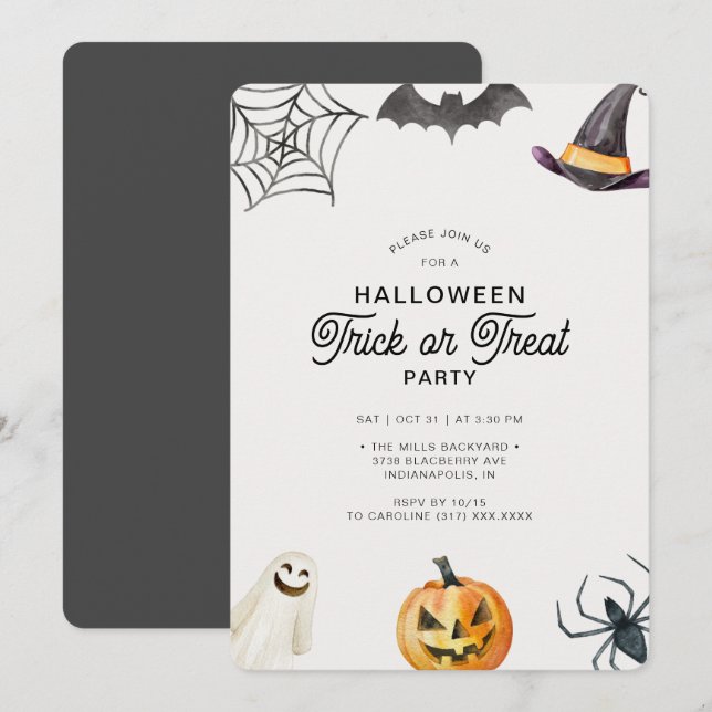 Invitation Enfants modernes Halloween Grey Trick ou Treat Par (Devant / Derrière)