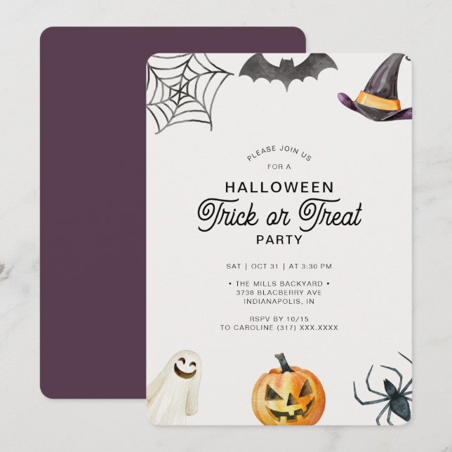 Invitation Enfants modernes Halloween Trick ou Treat Party In (Devant / Derrière)