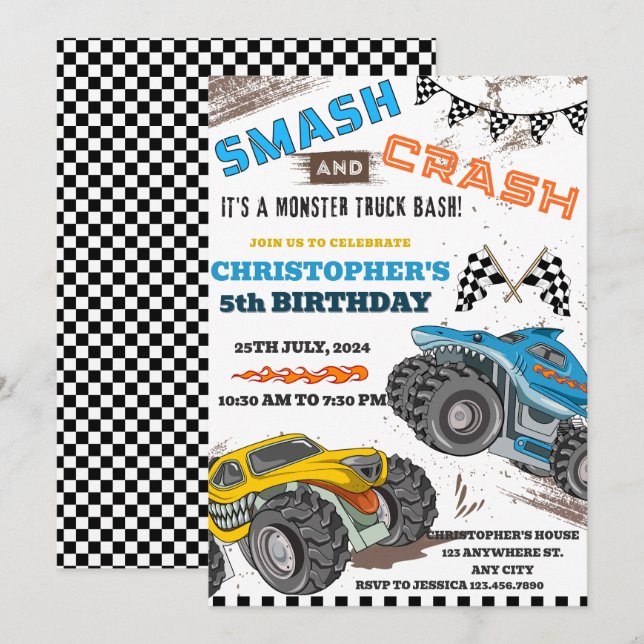 Invitation Enfants modernes Monster Trucks Anniversaire (Devant / Derrière)