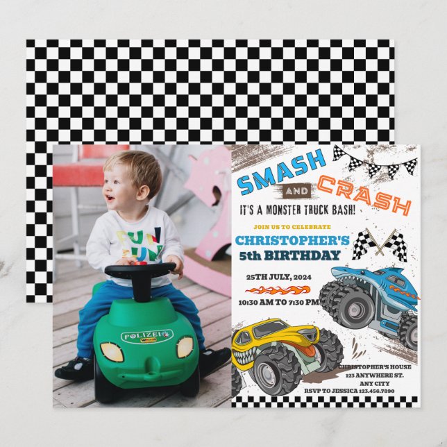 Invitation Enfants modernes Monster Trucks Anniversaire (Devant / Derrière)