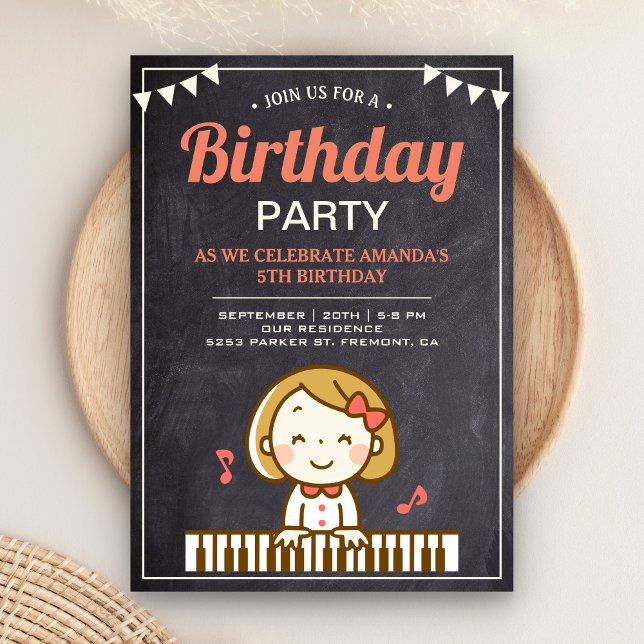 Invitation Enfants Musique Thème Cute Girl Pianist Anniversai (Créateur téléchargé)