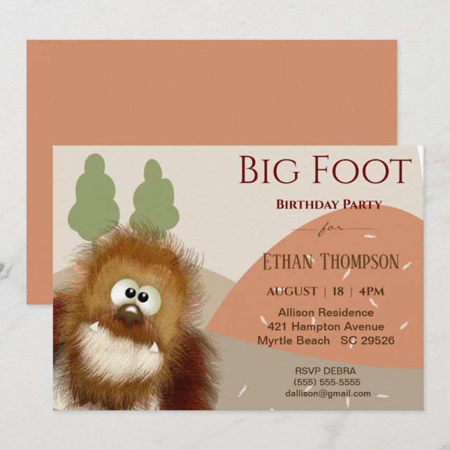 Invitation Enfants Nature Big Foot / Sasquatatard Anniversair (Devant / Derrière)