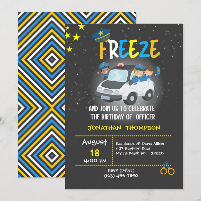 Invitation Enfants Officier de police Anniversaire Fête Invit (Devant / Derrière)