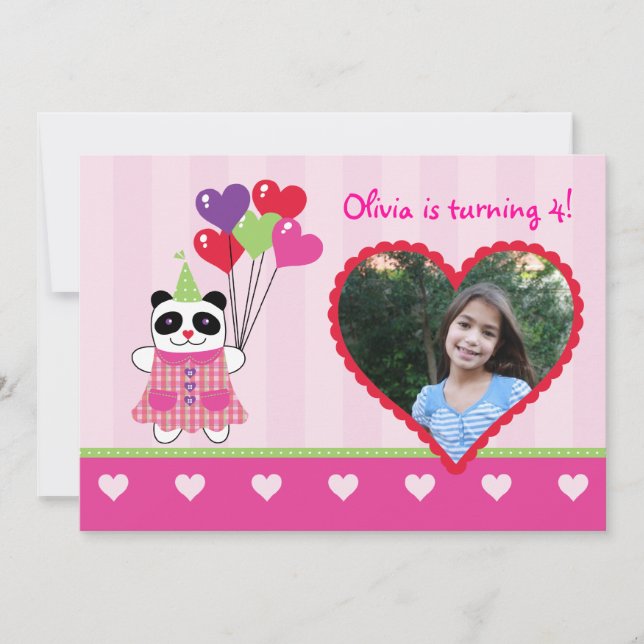 Invitation Enfants Panda Valentine's Birthday Party Photo Inv (Devant)